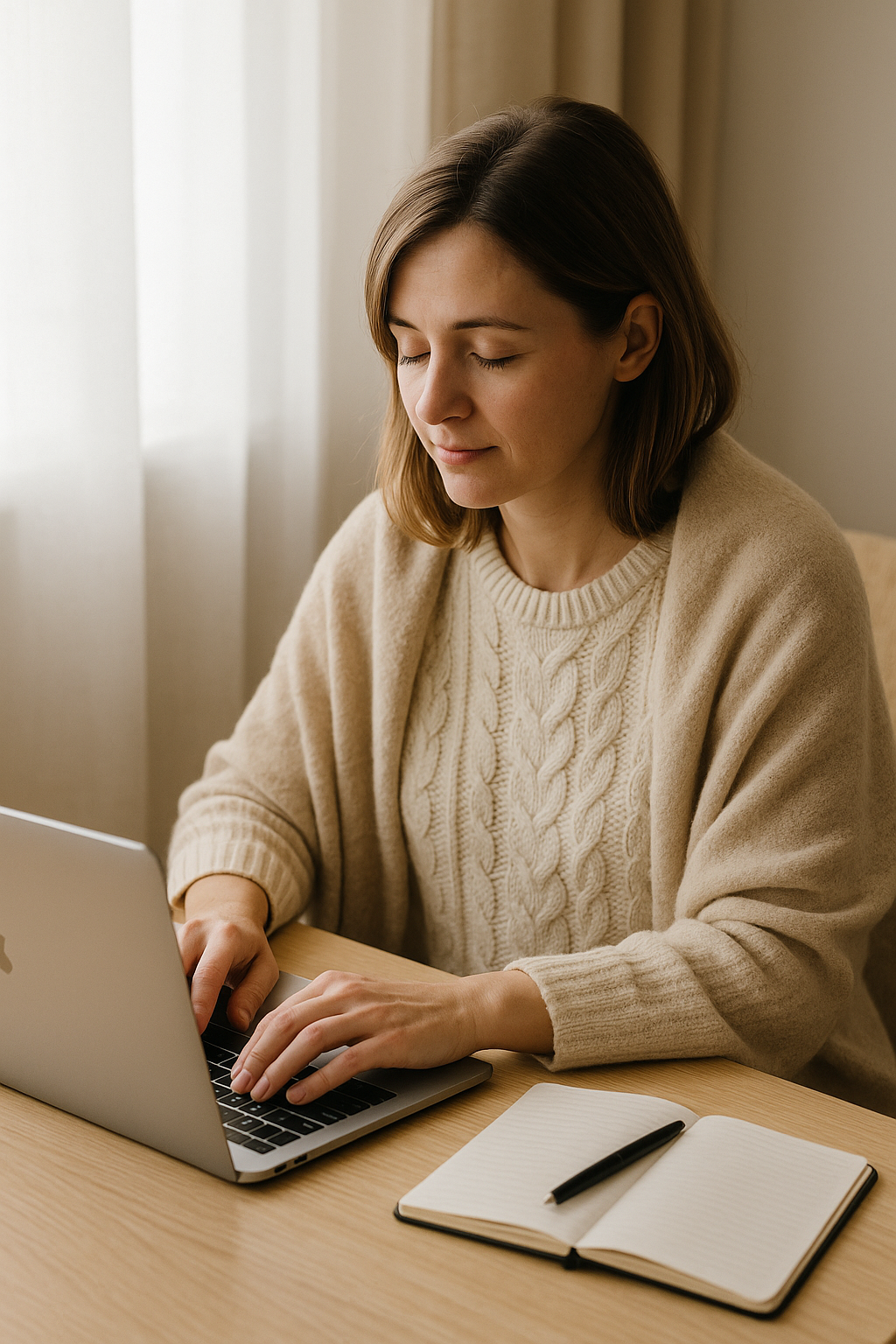 Femme seule dans un espace calme, concentrée face à son écran, illustrant un chemin de transformation autonome, intime et à son rythme au sein du programme O.Z.E Essentiel.