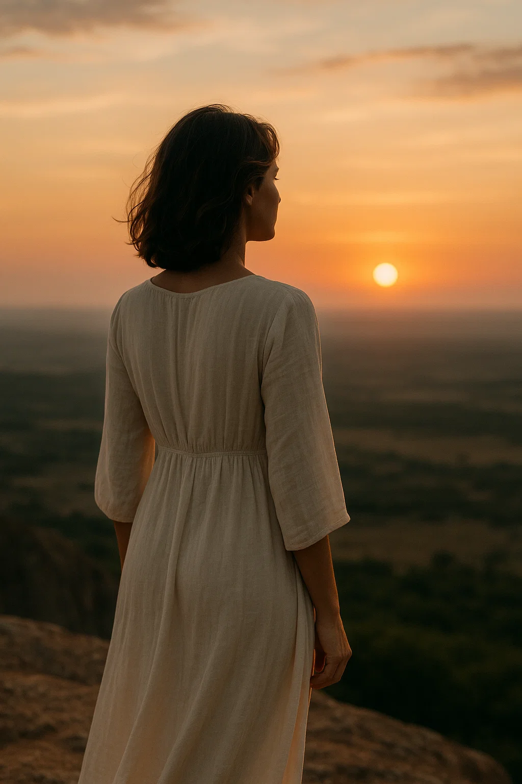 Femme debout face au coucher de soleil, symbole de reconnexion intérieure, d’apaisement et de transformation personnelle