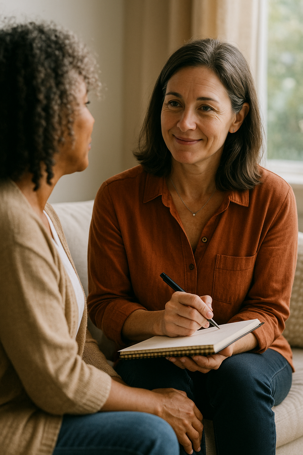 Deux femmes en échange bienveillant dans un cadre apaisant, illustrant un accompagnement guidé, un soutien émotionnel et une présence sécurisante au sein du programme O.Z.E.