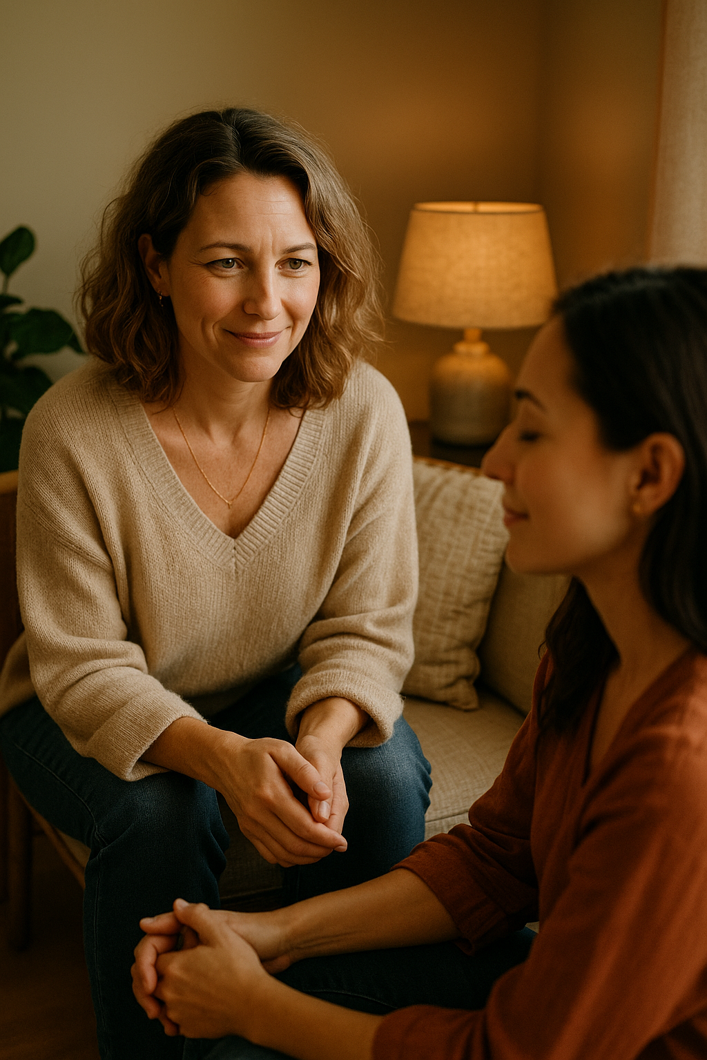 Séance individuelle entre une thérapeute et une femme dans un espace chaleureux, illustrant un accompagnement profond, personnalisé et confidentiel du programme O.Z.E Intime.