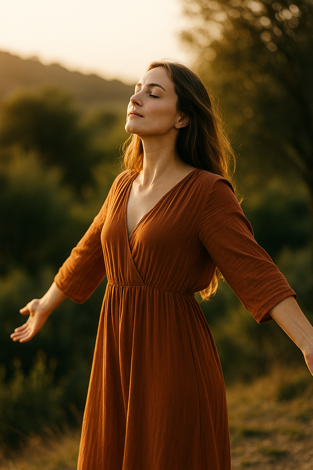 Femme debout en pleine nature, regard tourné vers la lumière, posture d’ouverture et de puissance, symbolisant une transformation profonde et un engagement total dans le programme O.Z.E Premium 90 jours.